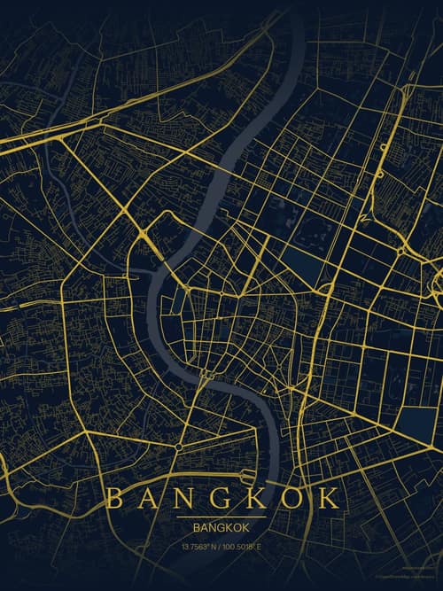 Bangkok map art print in Brass Astrolabe — minimalist city map poster