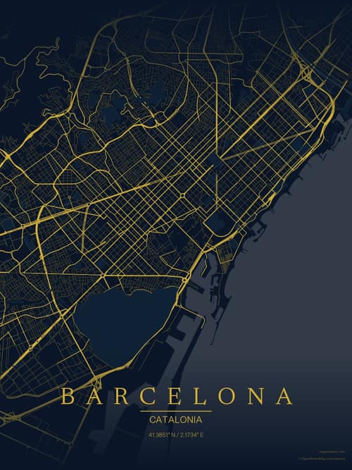 Barcelona map art print in Brass Astrolabe — minimalist city map poster