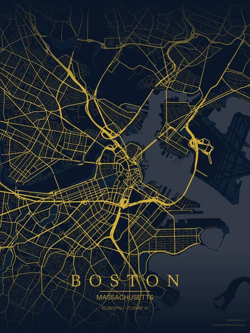 Boston map art print in Brass Astrolabe — minimalist city map poster