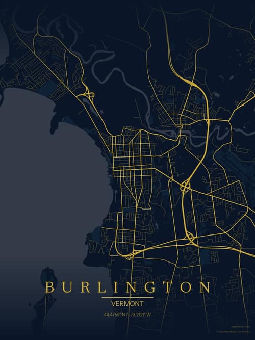 Burlington map art print in Brass Astrolabe — minimalist city map poster