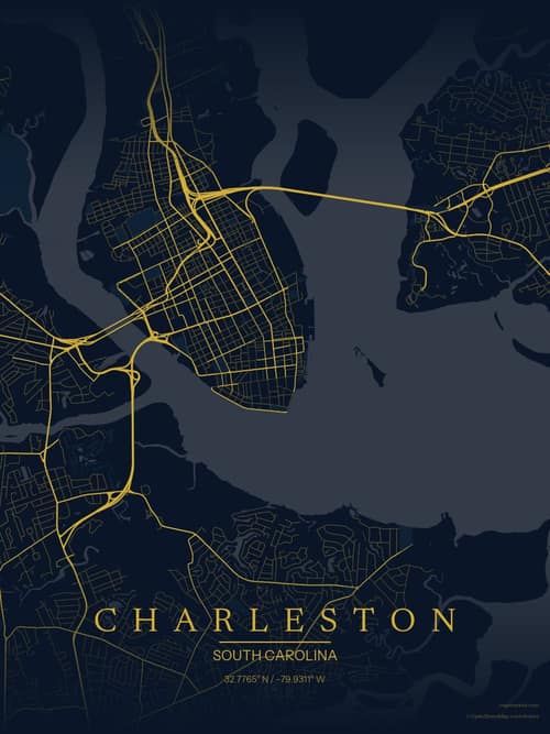 Charleston map art print in Brass Astrolabe — minimalist city map poster