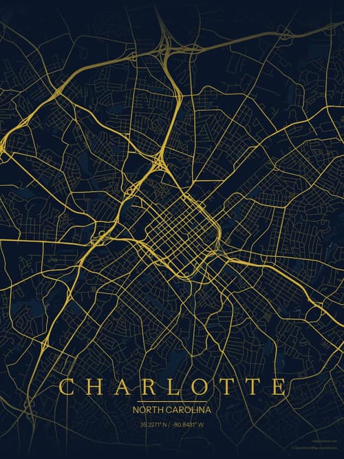 Charlotte map art print in Brass Astrolabe — minimalist city map poster