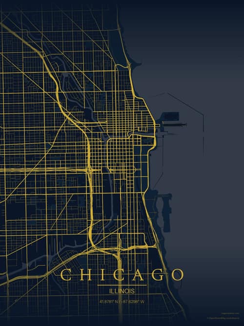 Chicago map art print in Brass Astrolabe — minimalist city map poster