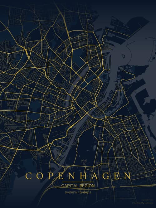 Copenhagen map art print in Brass Astrolabe — minimalist city map poster