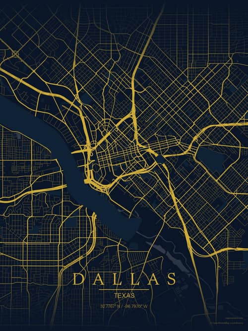 Dallas map art print in Brass Astrolabe — minimalist city map poster