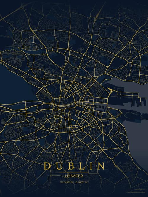 Dublin map art print in Brass Astrolabe — minimalist city map poster
