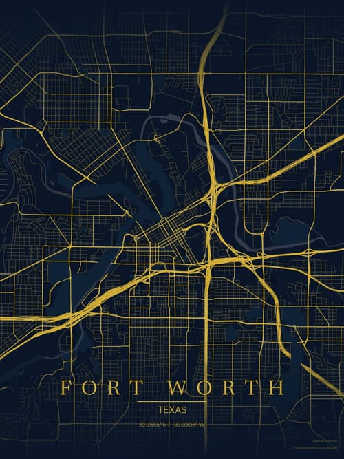 Fort Worth map art print in Brass Astrolabe — minimalist city map poster