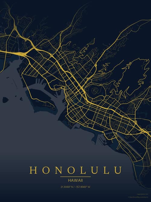Honolulu map art print in Brass Astrolabe — minimalist city map poster