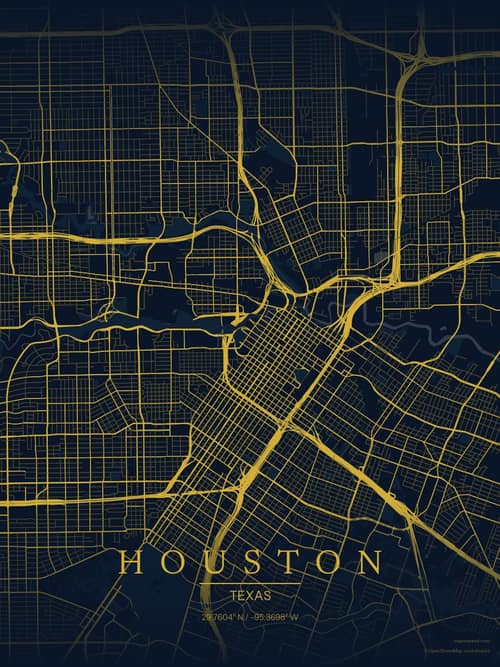 Houston map art print in Brass Astrolabe — minimalist city map poster