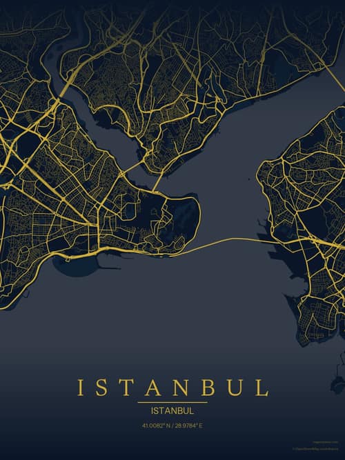 Istanbul map art print in Brass Astrolabe — minimalist city map poster