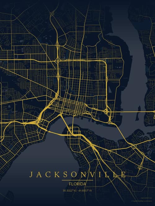 Jacksonville map art print in Brass Astrolabe — minimalist city map poster