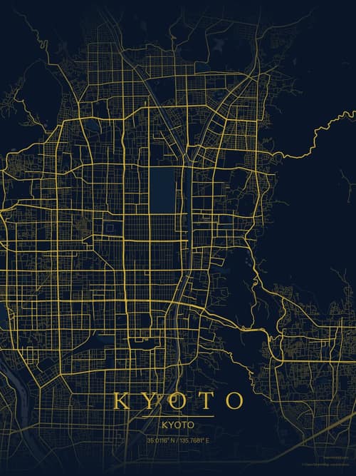 Kyoto map art print in Brass Astrolabe — minimalist city map poster