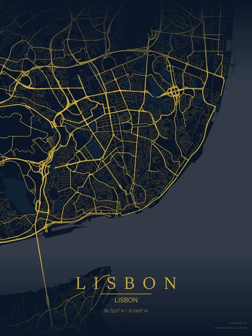 Lisbon map art print in Brass Astrolabe — minimalist city map poster