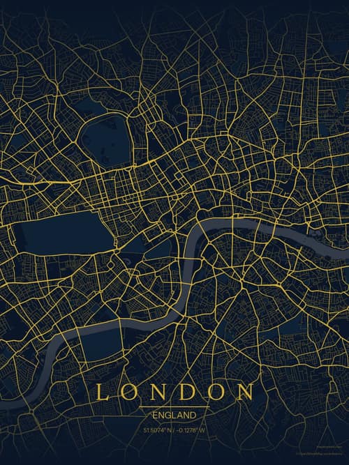 London map art print in Brass Astrolabe — minimalist city map poster