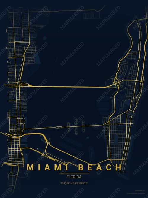 Miami Beach map art print in Brass Astrolabe — minimalist city map poster