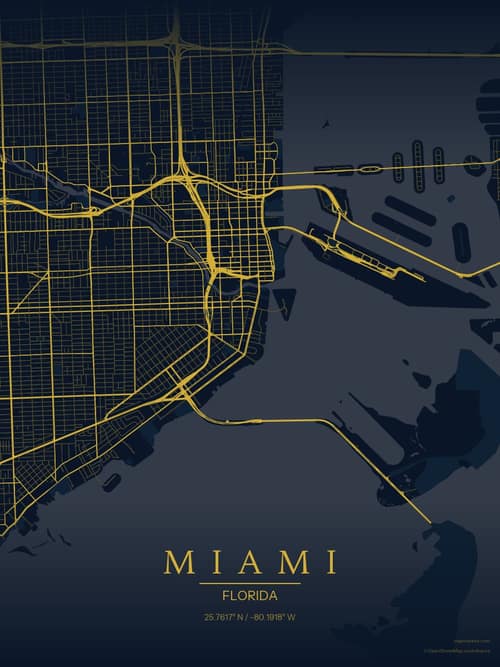Miami map art print in Brass Astrolabe — minimalist city map poster