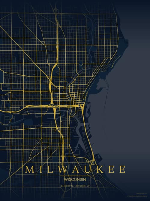 Milwaukee map art print in Brass Astrolabe — minimalist city map poster