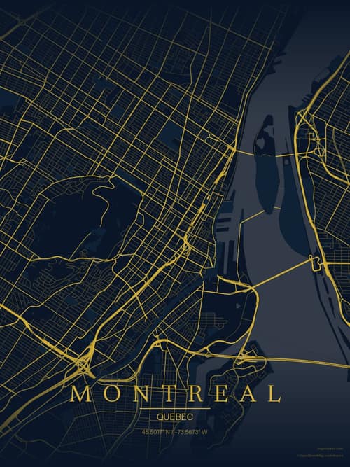 Montreal map art print in Brass Astrolabe — minimalist city map poster