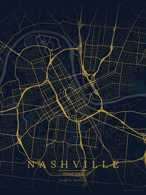 Nashville map art print in Brass Astrolabe — minimalist city map poster