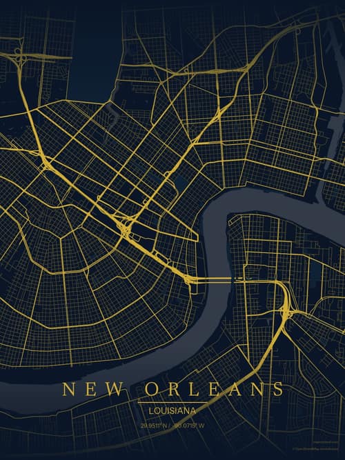 New Orleans map art print in Brass Astrolabe — minimalist city map poster