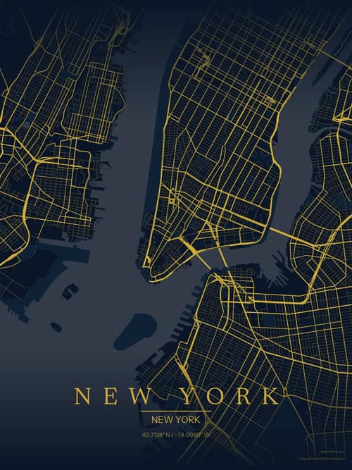 New York map art print in Brass Astrolabe — minimalist city map poster