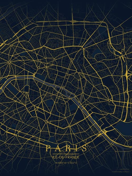 Paris map art print in Brass Astrolabe — minimalist city map poster