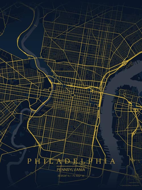 Philadelphia map art print in Brass Astrolabe — minimalist city map poster