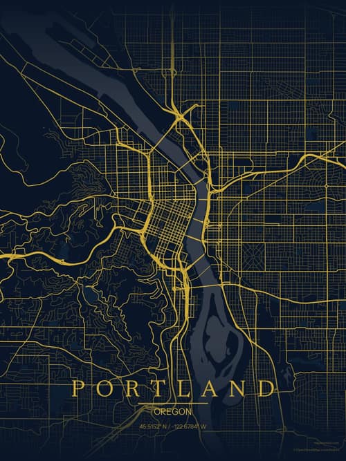 Portland map art print in Brass Astrolabe — minimalist city map poster