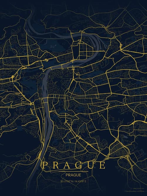 Prague map art print in Brass Astrolabe — minimalist city map poster