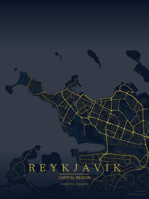 Reykjavik map art print in Brass Astrolabe — minimalist city map poster