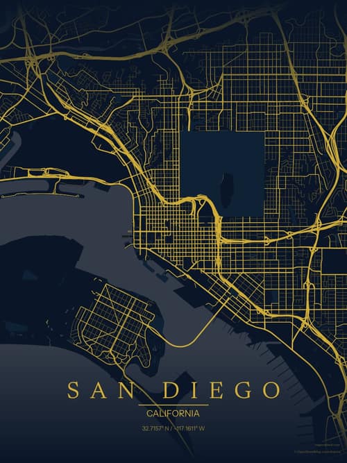 San Diego map art print in Brass Astrolabe — minimalist city map poster