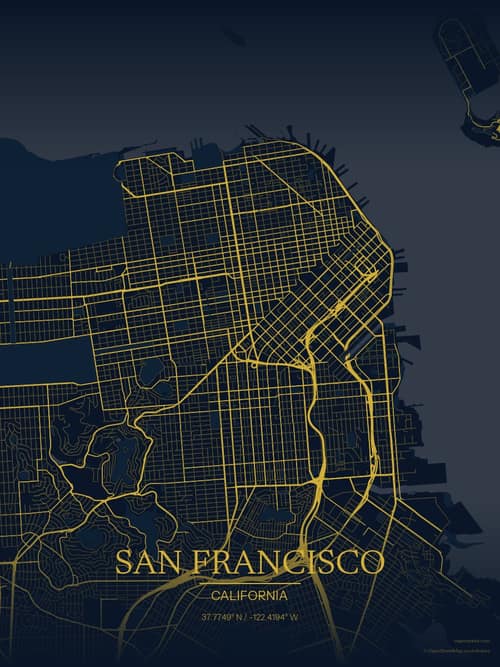 San Francisco map art print in Brass Astrolabe — minimalist city map poster