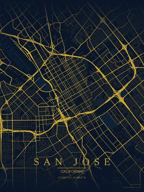 San Jose map art print in Brass Astrolabe — minimalist city map poster