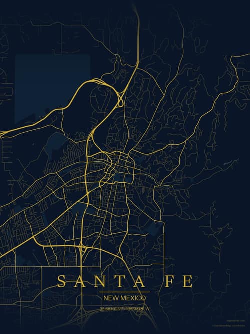 Santa Fe map art print in Brass Astrolabe — minimalist city map poster