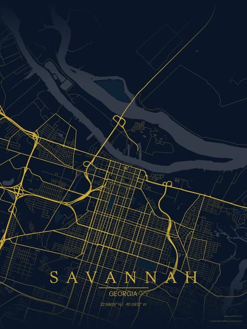 Savannah map art print in Brass Astrolabe — minimalist city map poster