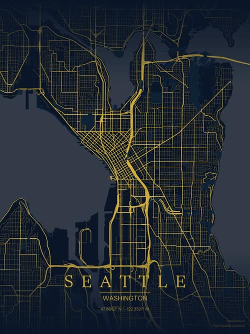 Seattle map art print in Brass Astrolabe — minimalist city map poster