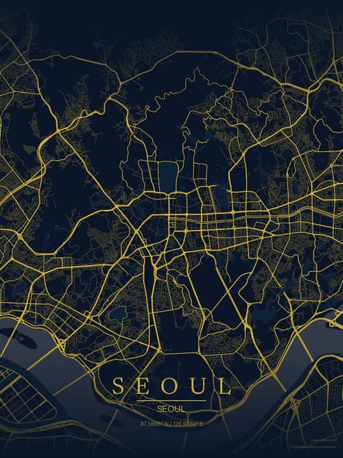Seoul map art print in Brass Astrolabe — minimalist city map poster