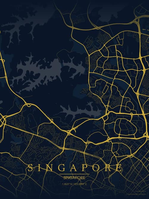 Singapore map art print in Brass Astrolabe — minimalist city map poster