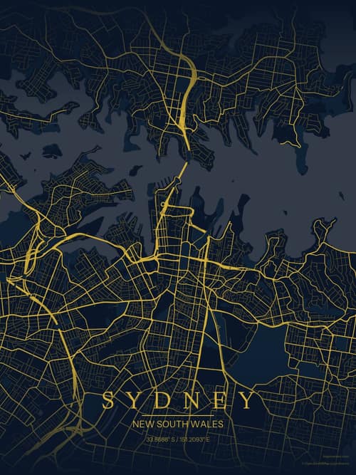 Sydney map art print in Brass Astrolabe — minimalist city map poster