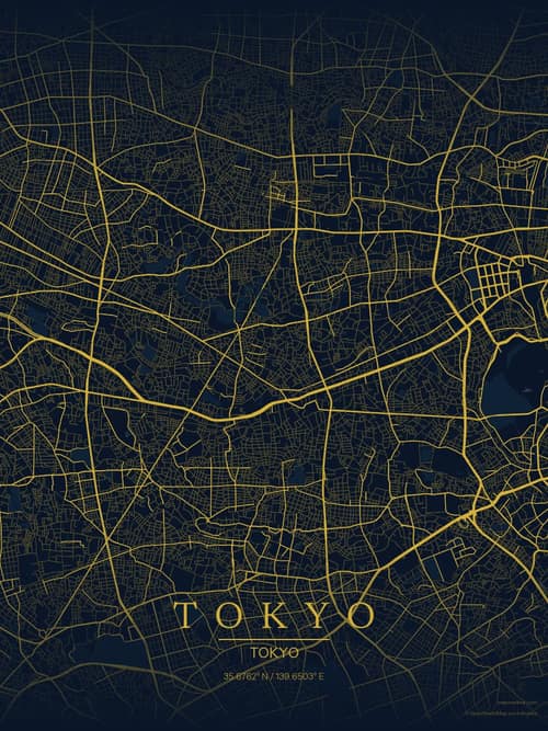 Tokyo map art print in Brass Astrolabe — minimalist city map poster