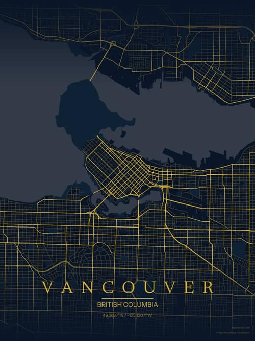 Vancouver map art print in Brass Astrolabe — minimalist city map poster