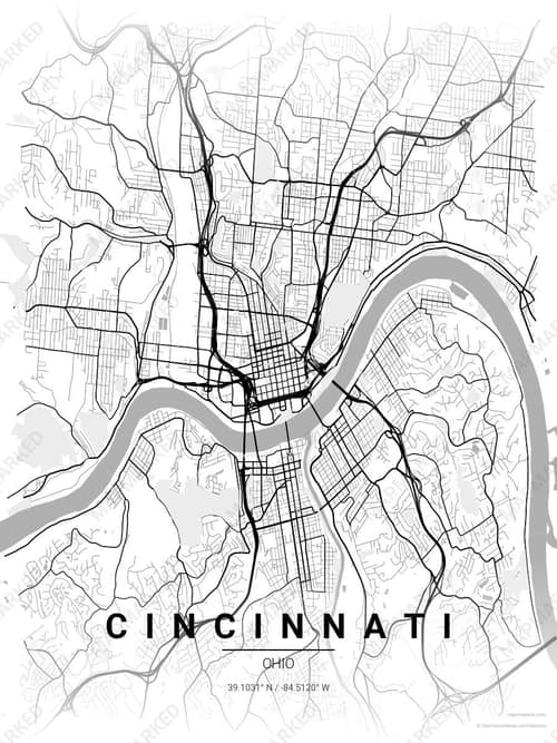 Cincinnati map art print in Chalk Gallery — minimalist city map poster