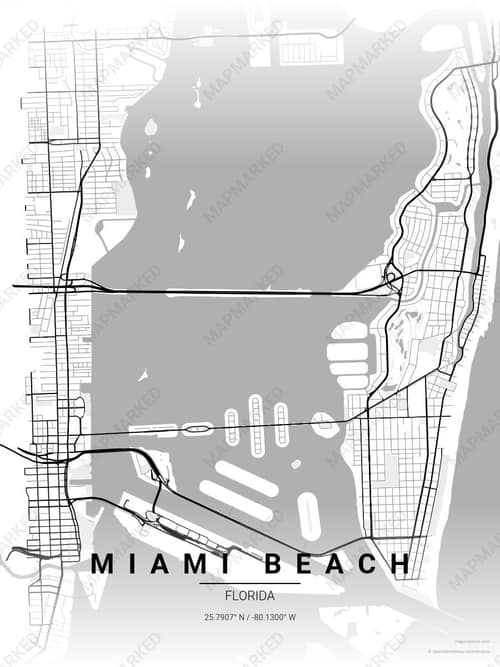 Miami Beach map art print in Chalk Gallery — minimalist city map poster