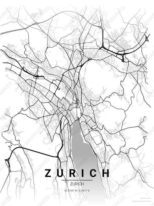 Zurich map art print in Chalk Gallery — minimalist city map poster