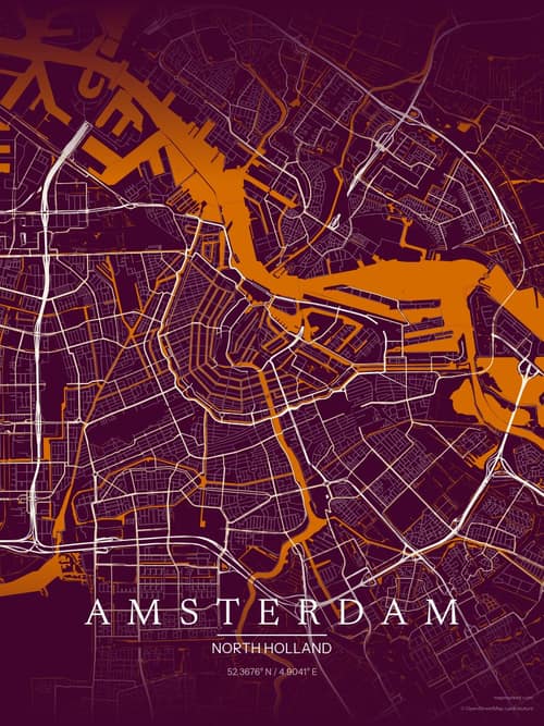Amsterdam map art print in Cafe Night — minimalist city map poster