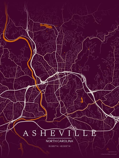 Asheville map art print in Cafe Night — minimalist city map poster