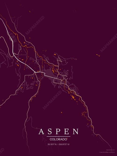 Aspen map art print in Cafe Night — minimalist city map poster