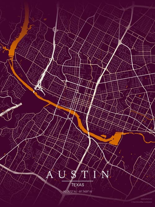 Austin map art print in Cafe Night — minimalist city map poster
