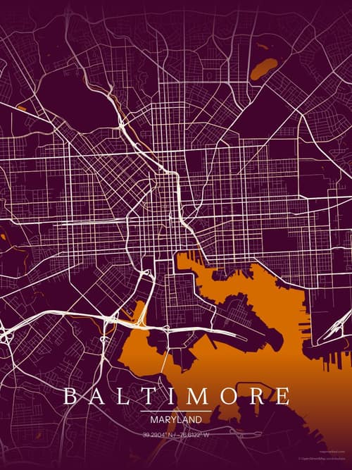Baltimore map art print in Cafe Night — minimalist city map poster