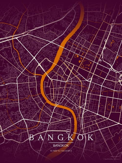 Bangkok map art print in Cafe Night — minimalist city map poster